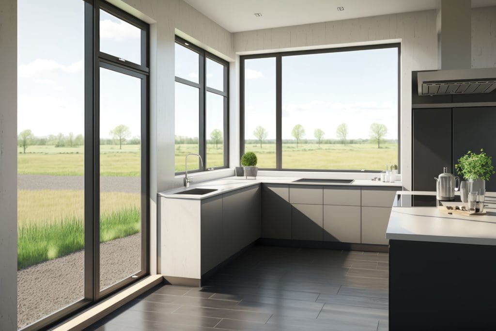 modern kitchen with sleek and stylish aluminium windows overlooking the view Porte-fenêtre en alu posée par HOMZA dans les hauts de France