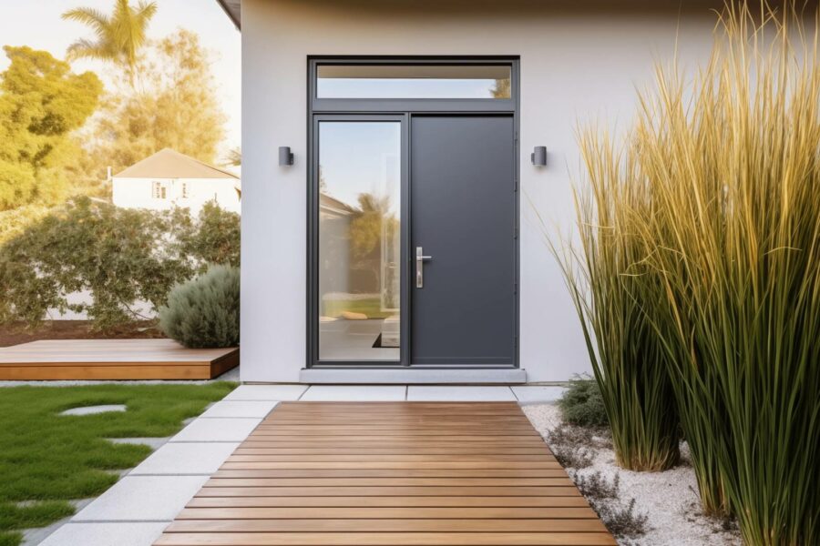Entrée accueillante avec une porte d'entrée aluminium couleur anthracite dans les hauts de France