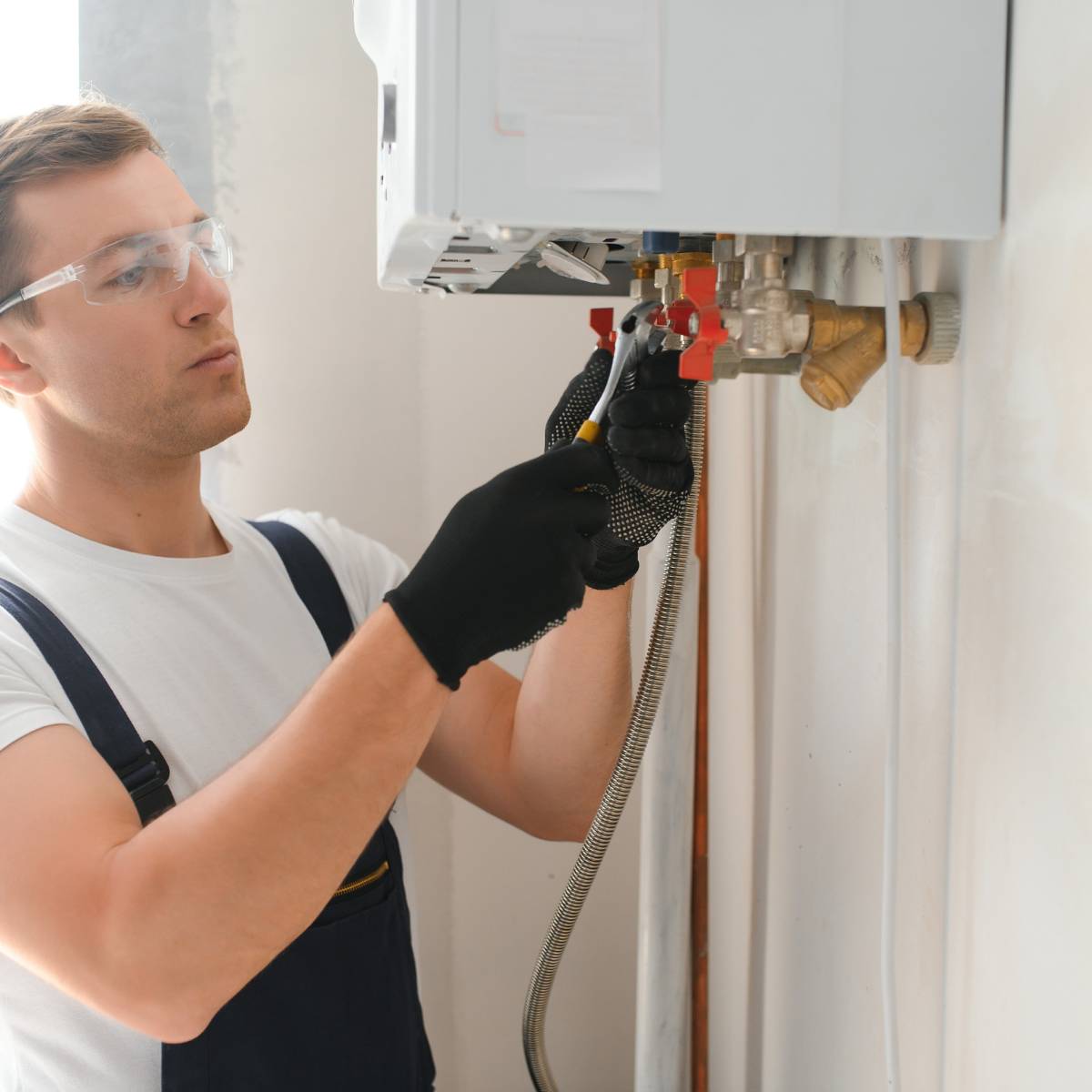 Technicien professionnel réalisant l'entretien d'une chaudière gaz à condensation