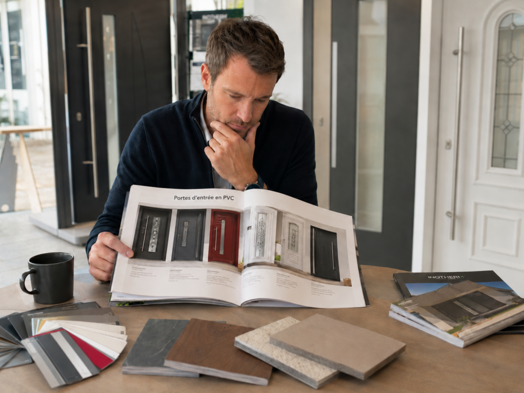 photo d'un homme regardant un catalogue de porte d'entrée